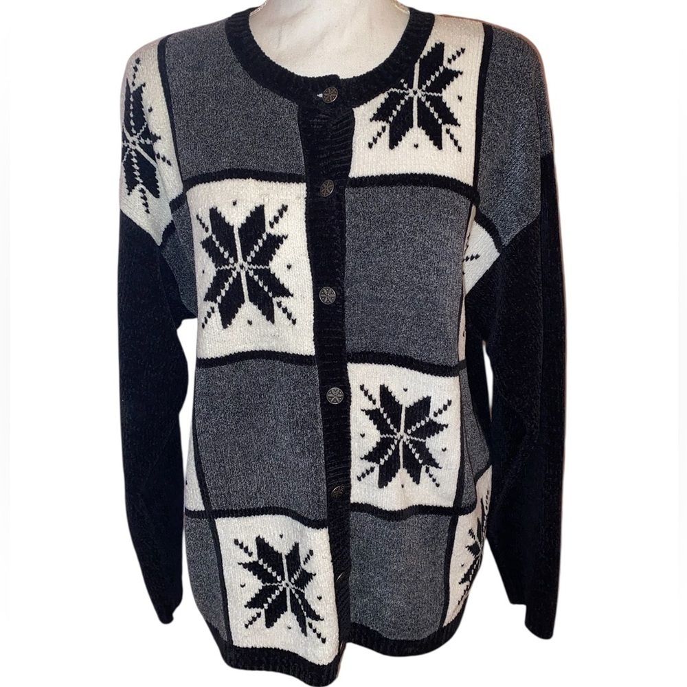 CHRISTOPHER & BANKS Holiday Sweater Snowflake Black White Gray Size Large